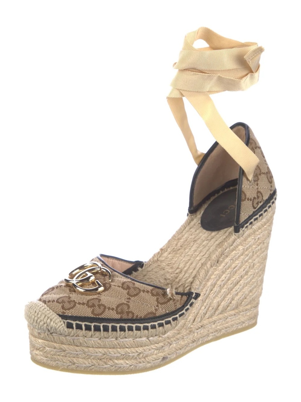 Gucci Brown GG Canvas Espadrille Wedge with Gold Double G and Beige Ankle Tie
